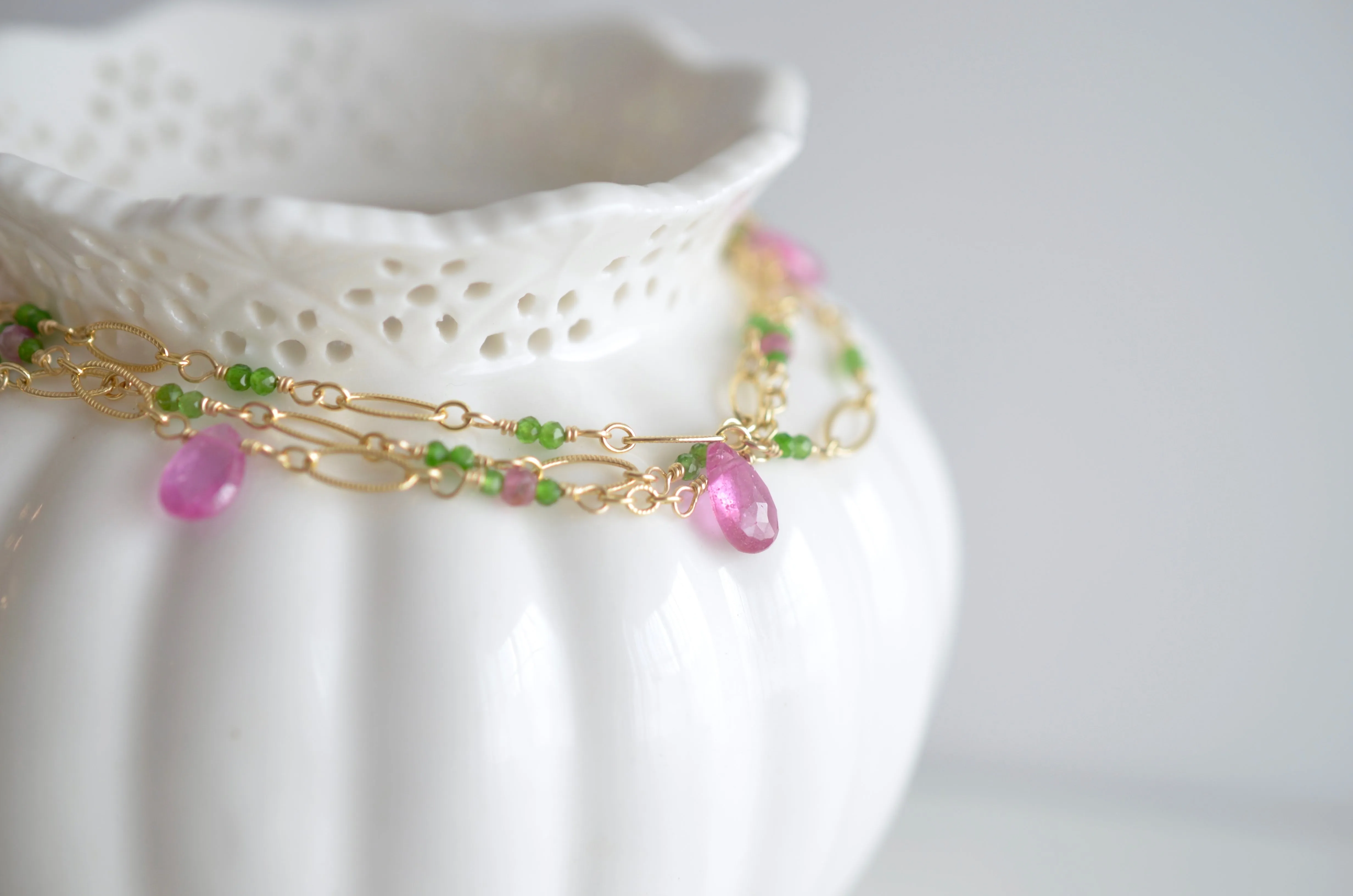 Magdalena - Pink Sapphires, Chrome Diopside 14k Gold Filled Bracelet