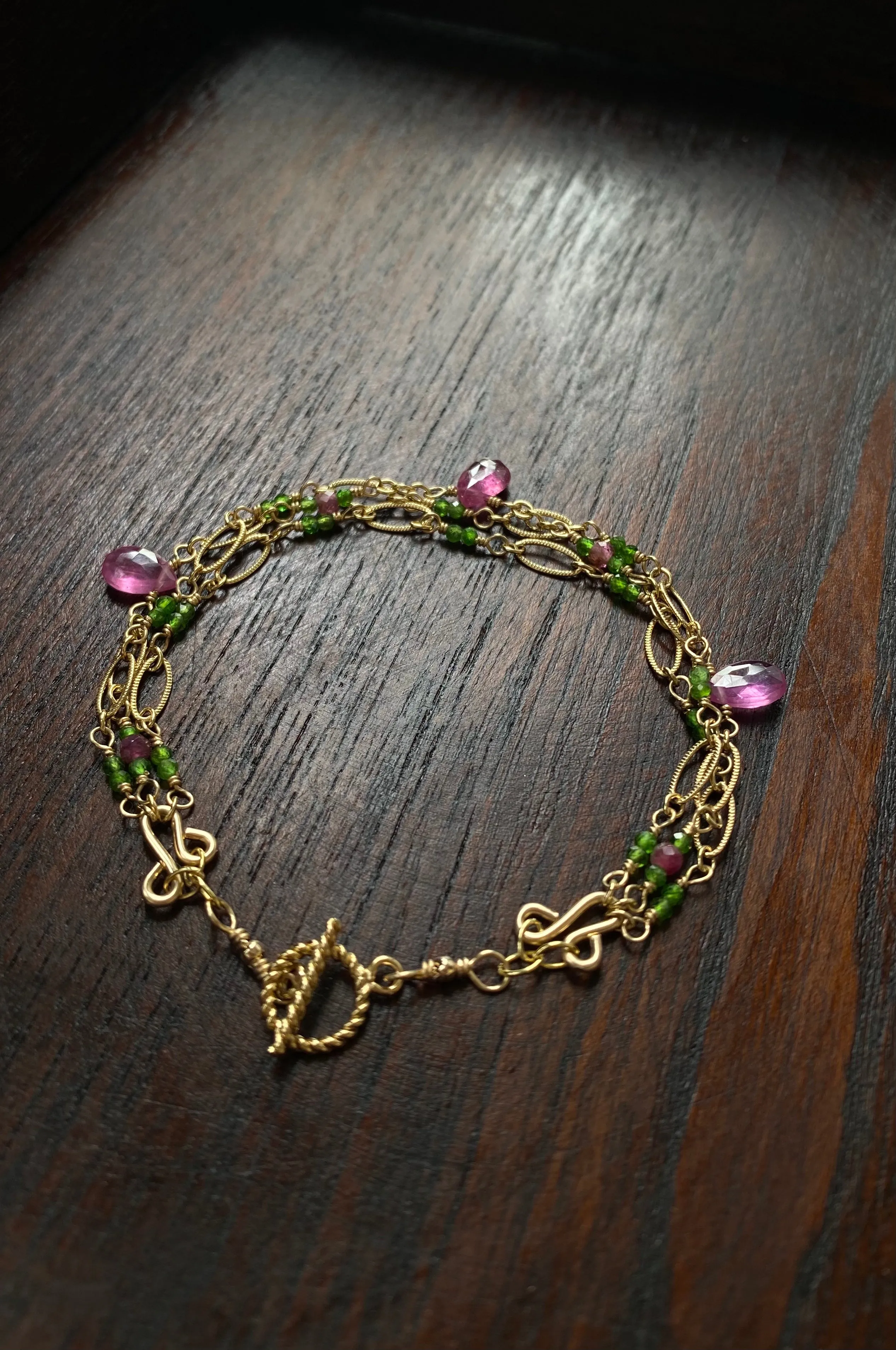 Magdalena - Pink Sapphires, Chrome Diopside 14k Gold Filled Bracelet