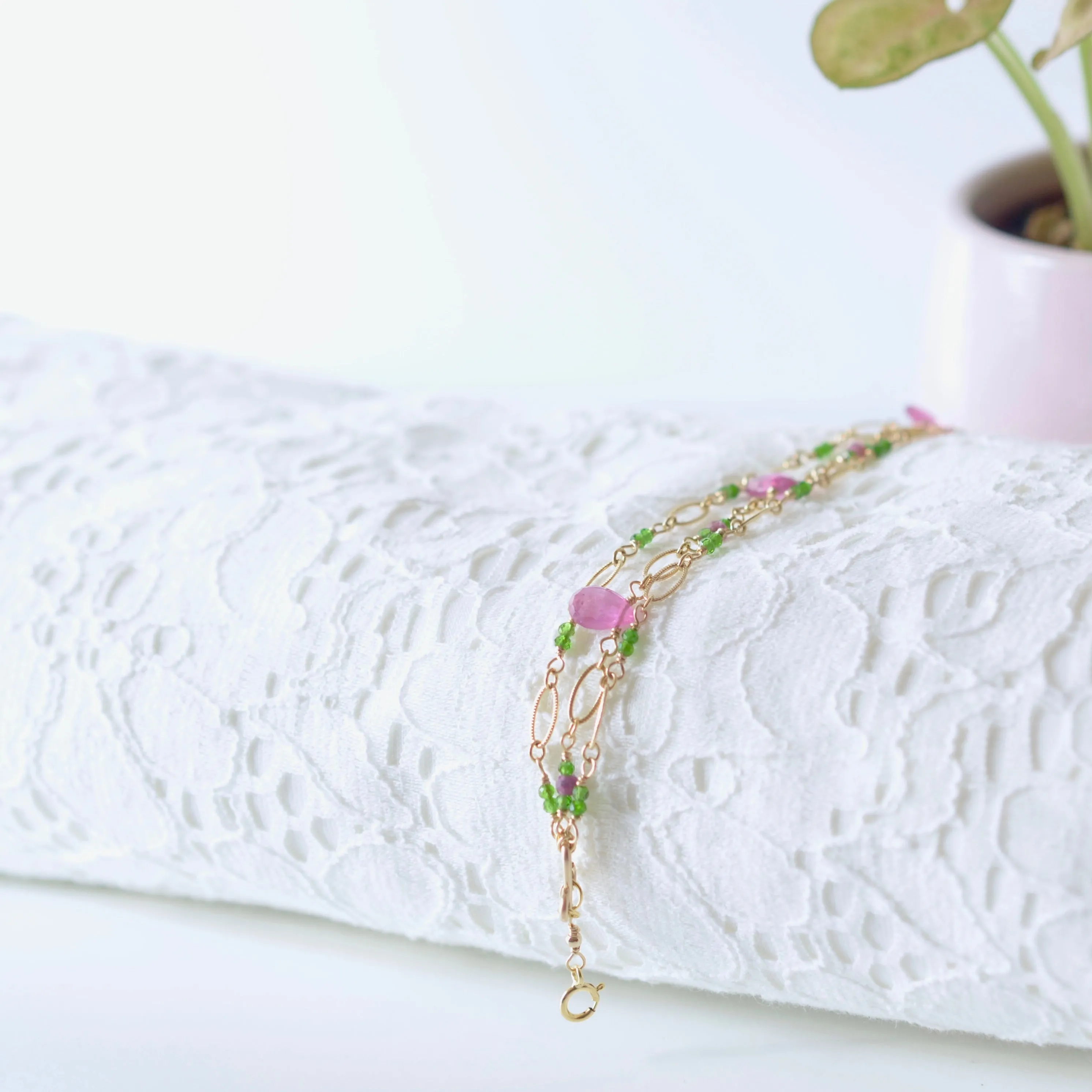 Magdalena - Pink Sapphires, Chrome Diopside 14k Gold Filled Bracelet