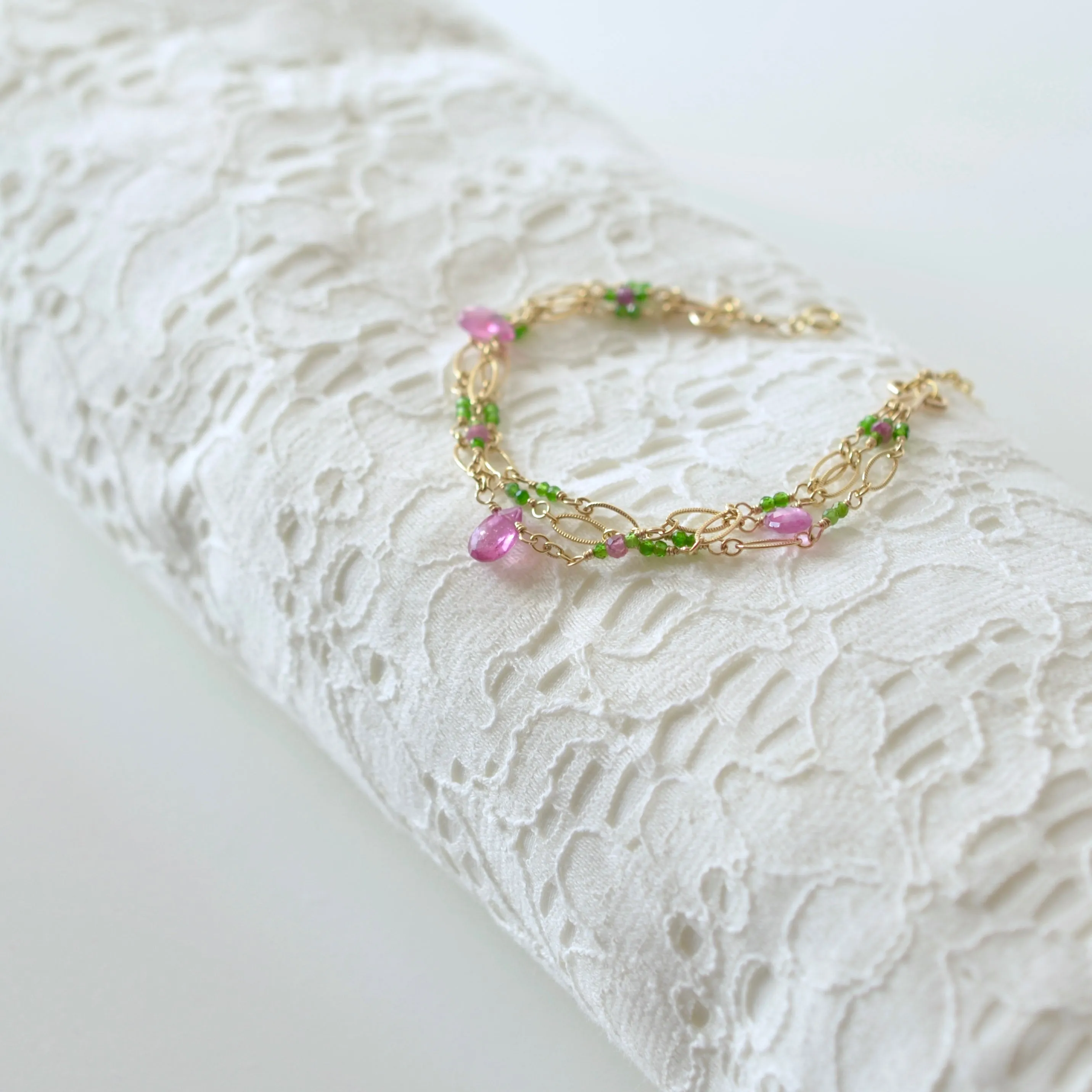 Magdalena - Pink Sapphires, Chrome Diopside 14k Gold Filled Bracelet