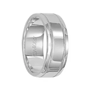 MASON 14k White Gold Wedding Band Flat Polished Finish Milgrain Pattern Edges by Artcarved - 8 mm