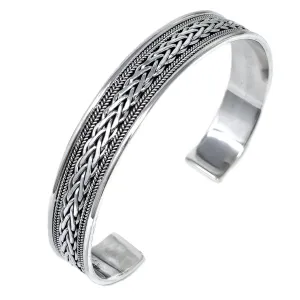 Mens 12Mm Solid Silver Bangle - 925 Sterling Silver Braided  Bracelet - Adjustable