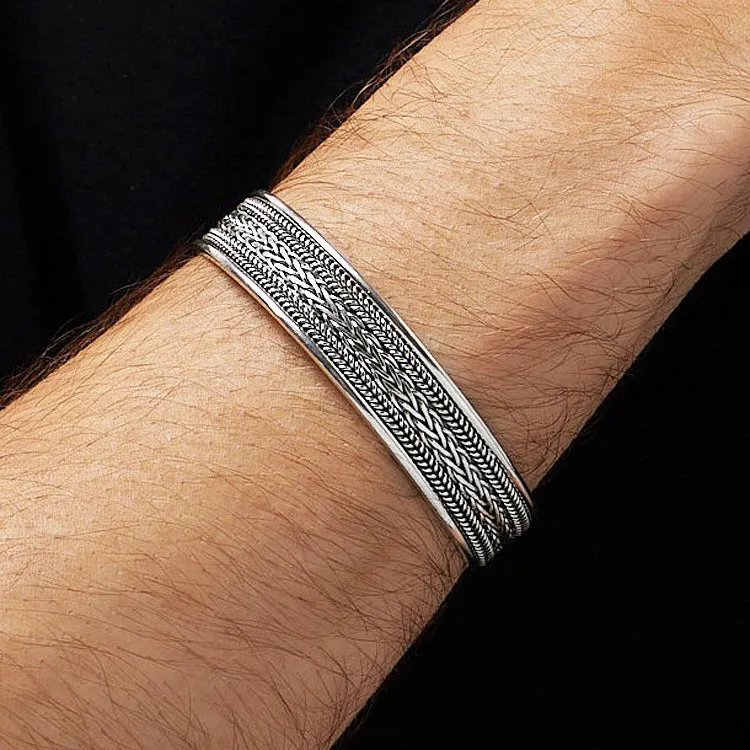 Mens 12Mm Solid Silver Bangle - 925 Sterling Silver Braided  Bracelet - Adjustable