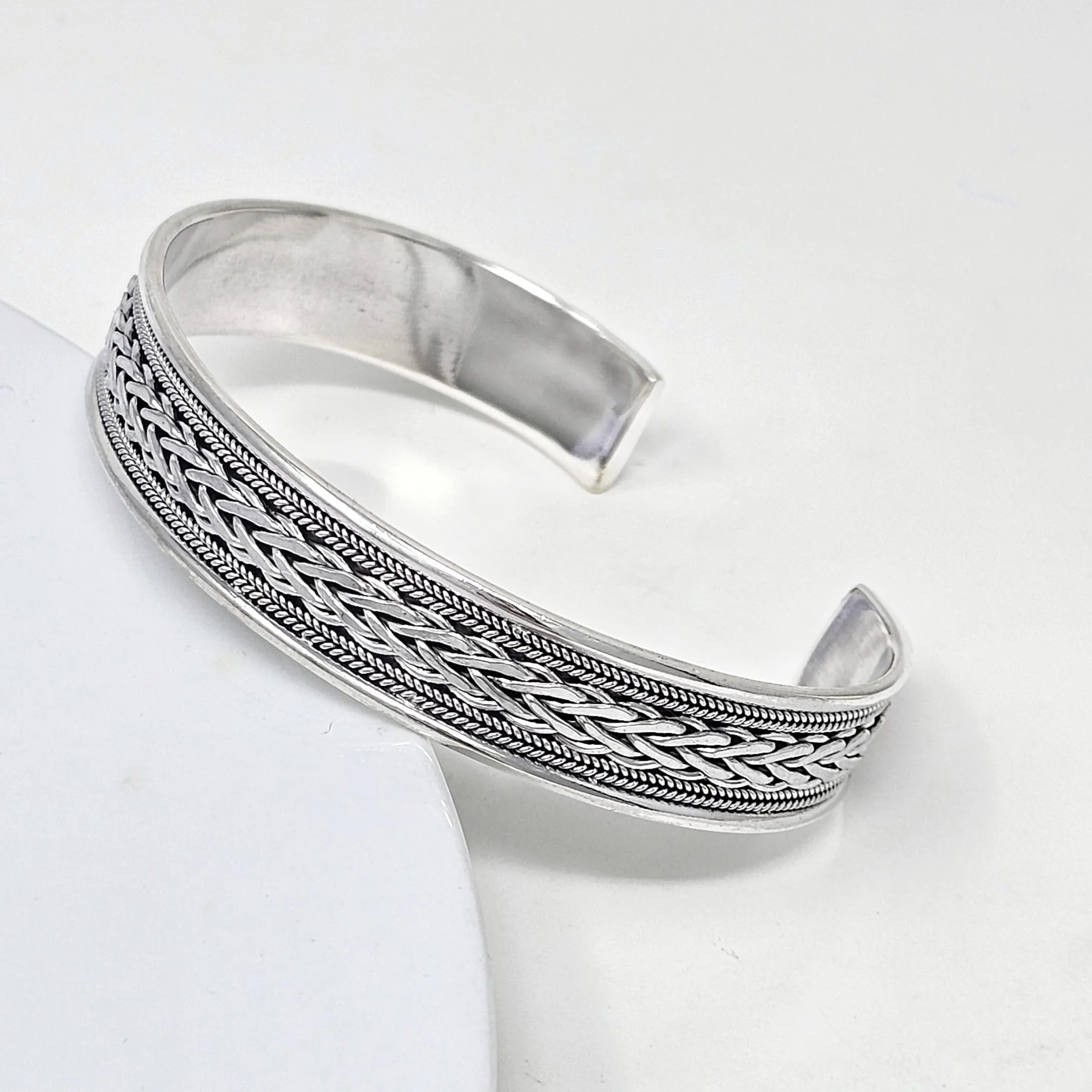 Mens 12Mm Solid Silver Bangle - 925 Sterling Silver Braided  Bracelet - Adjustable