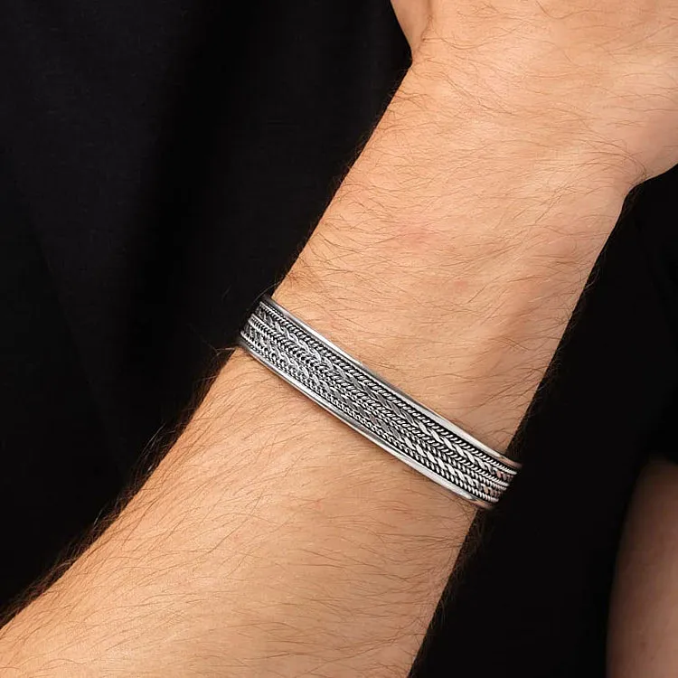 Men's Silver Bangle Bracelet 11mm Braided Sterling Silver Cuff Wristband