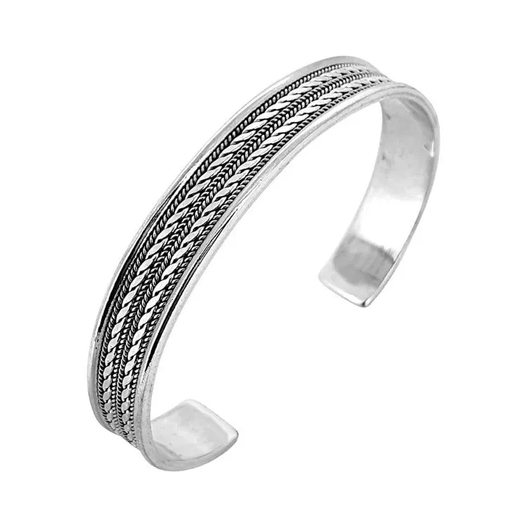 Men's Silver Bangle Bracelet 11mm Braided Sterling Silver Cuff Wristband