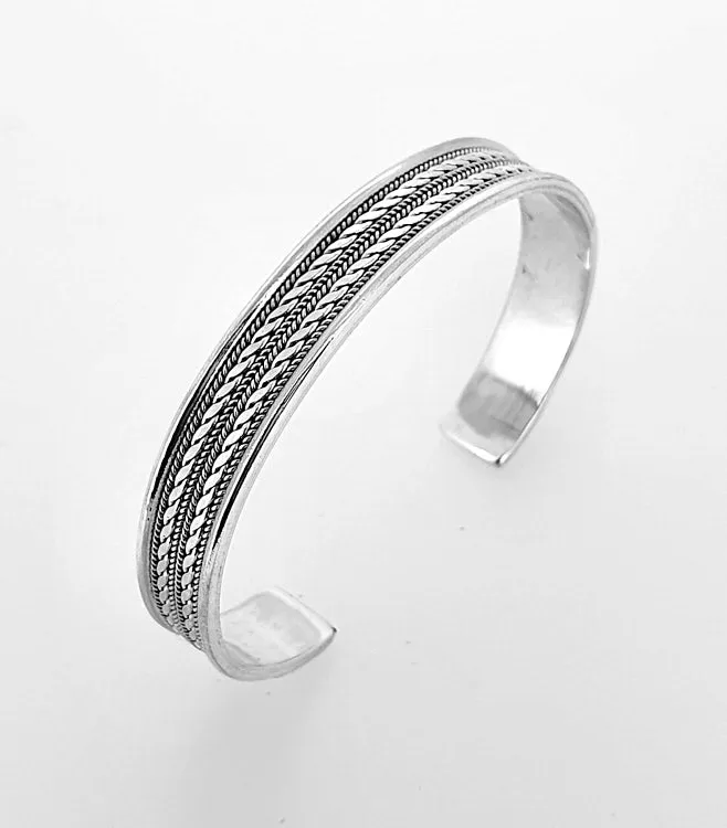 Men's Silver Bangle Bracelet 11mm Braided Sterling Silver Cuff Wristband