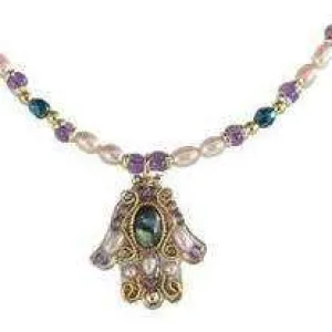 Michal Golan Abalone and Amethyst Hamsa Necklace