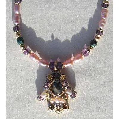 Michal Golan Abalone and Amethyst Hamsa Necklace