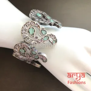 Mint Green Openable Cuff Bracelet/ Oxidized Silver Bracelet/ Ethnic Indian Tribal Bracelet