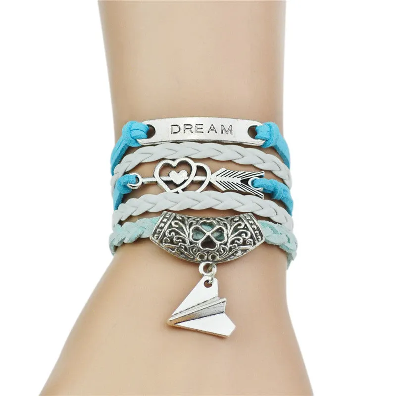 Multi-Strands Infinity Silver Color Clover Charm Leather Braid Bracelet Bangle Jewelry For Women and Men