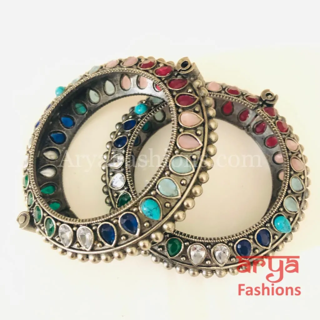 Multicolor Ethnic Silver Oxidized Bracelet/ Ethnic Bracelet /Size 2.4, 2.6