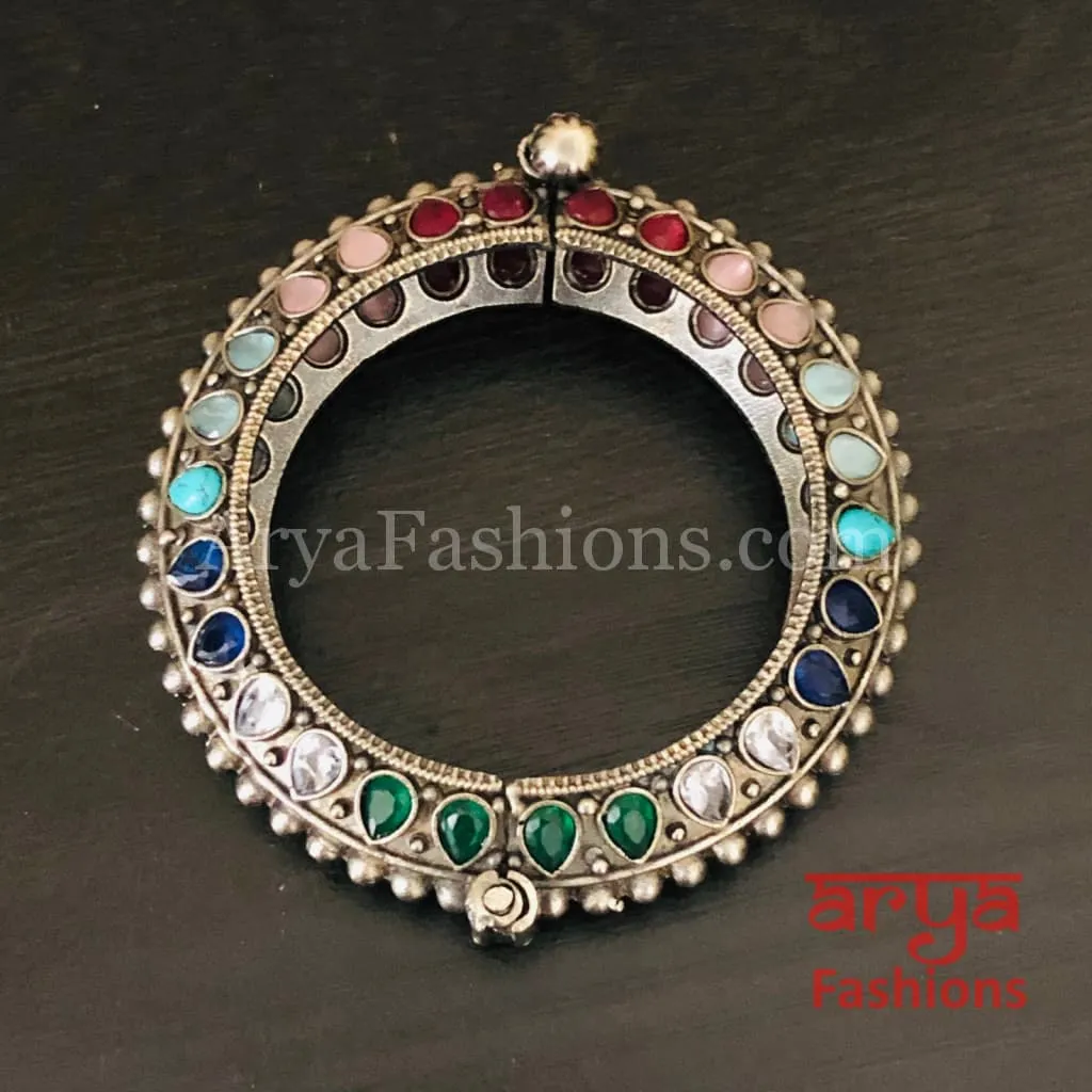 Multicolor Ethnic Silver Oxidized Bracelet/ Ethnic Bracelet /Size 2.4, 2.6