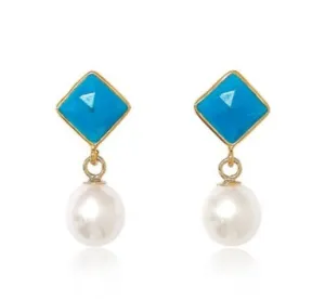 Nova diamond-shaped turquoise & cultured freshwater pearl drop earrings