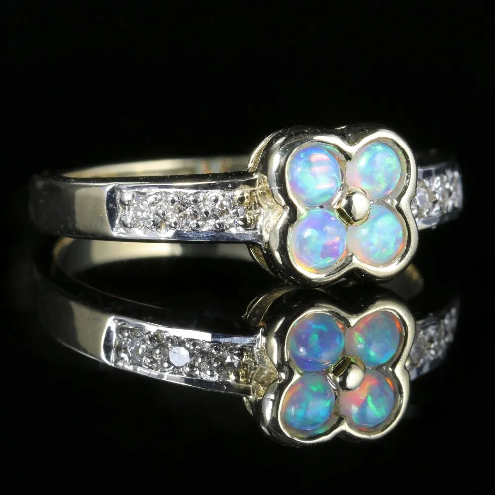 Opal Diamond Flower Ring 9Ct Gold