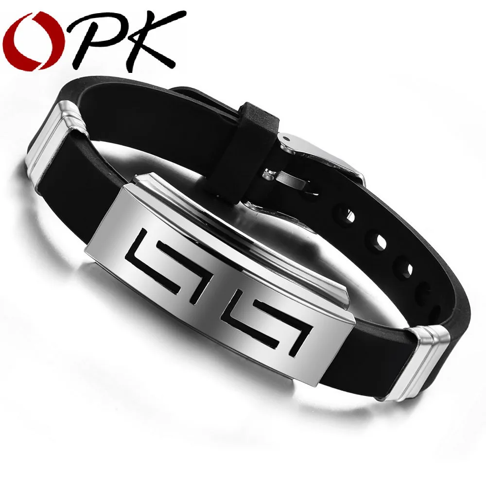 OPK 2016 New Fashion Jewelry Silicone Rubber Silver Slippy Hollow Strip Grain Stainless Steel Men Bracelet Bangle 806