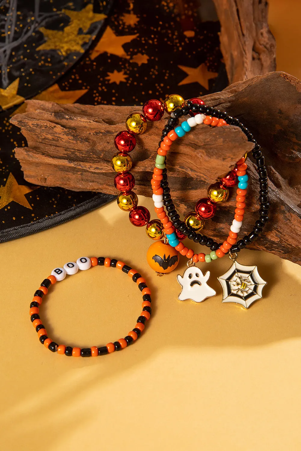 Orange 4pcs Halloween Ghost Spider Web Beaded Bracelet Set