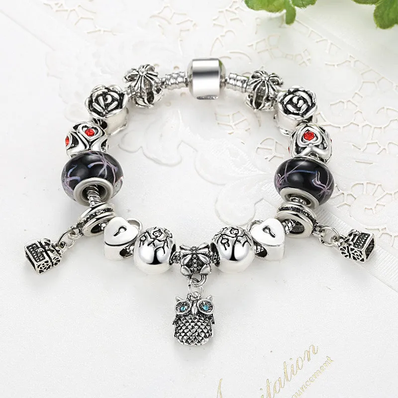 Owl Charm Animal Beads Fit Original Charm Bracelet Tibetan Silver Murano Glass For Women Fashion Jewelry