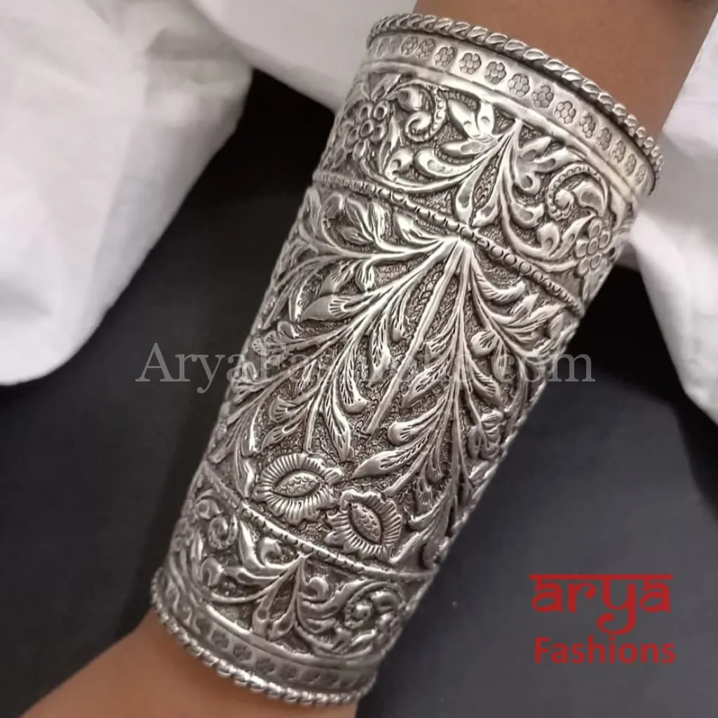 Oxidized Silver Ethnic Cuff Bracelet