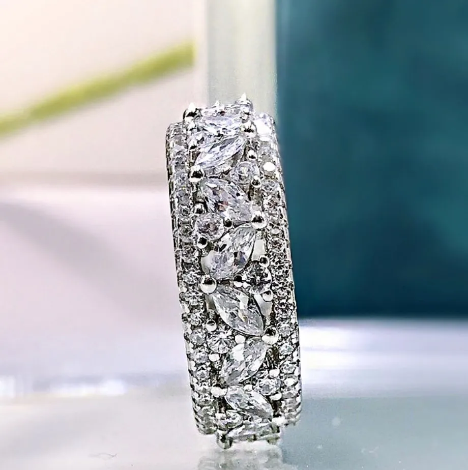 Pear and Pave Cut Cubic Zirconia Three Channel Eternity Band