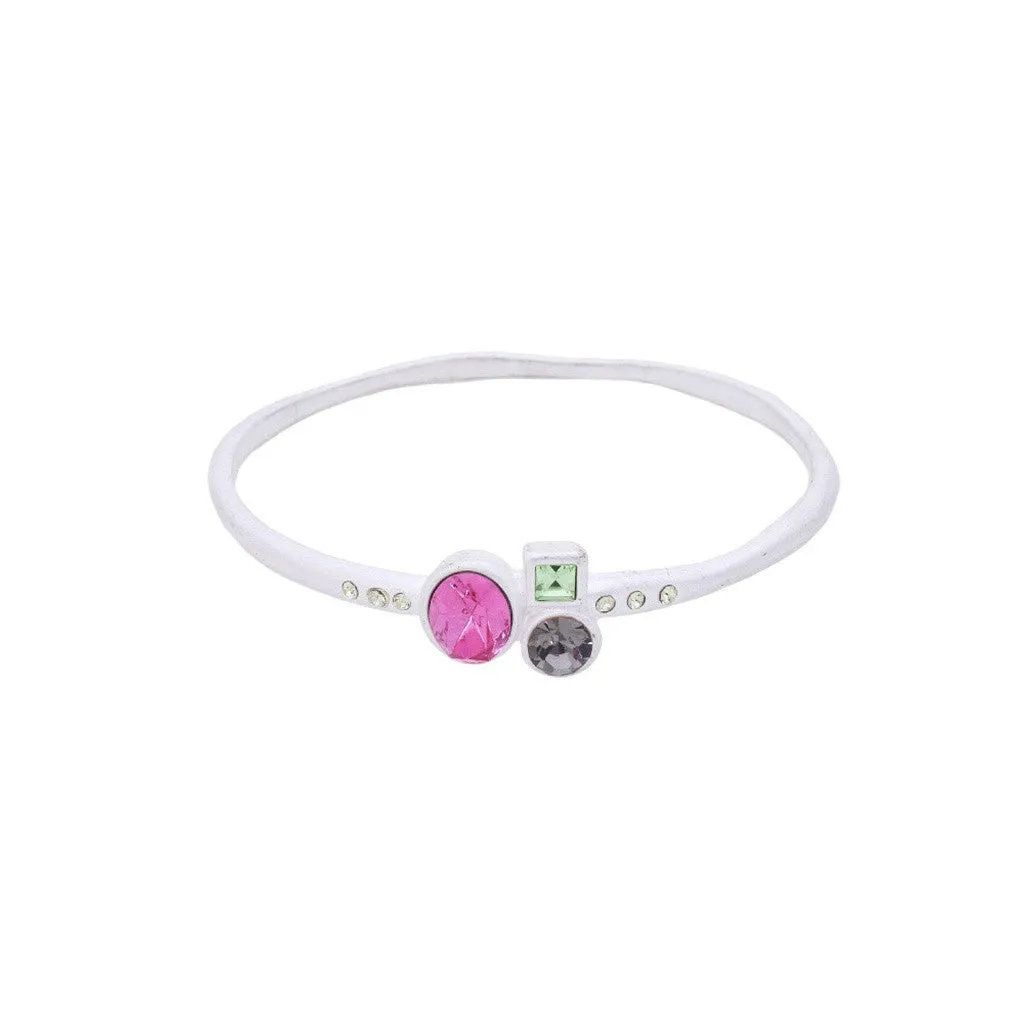 Pink & Green Multi Geometric Stone Silver Bangle