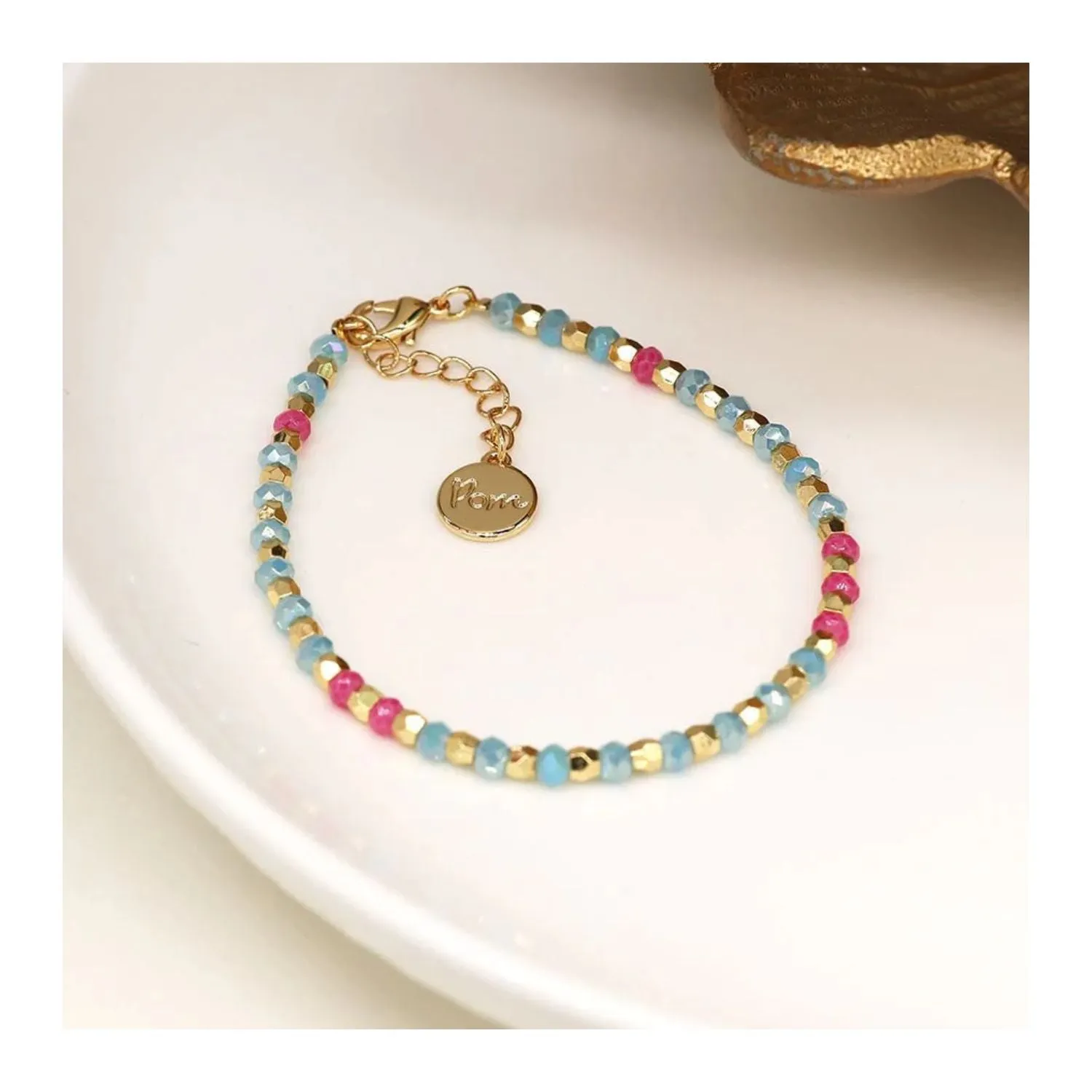 POM Hot Pink & Aqua Blue Glass Bead Gold Plated Bracelet