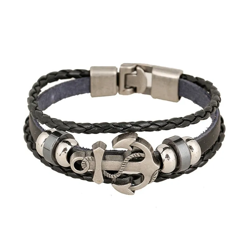 Retro anchor Leather Woven Charm Bracelet Jewelry Men Vintage Braided Bangles Male Pulseiras Masculinos Gift