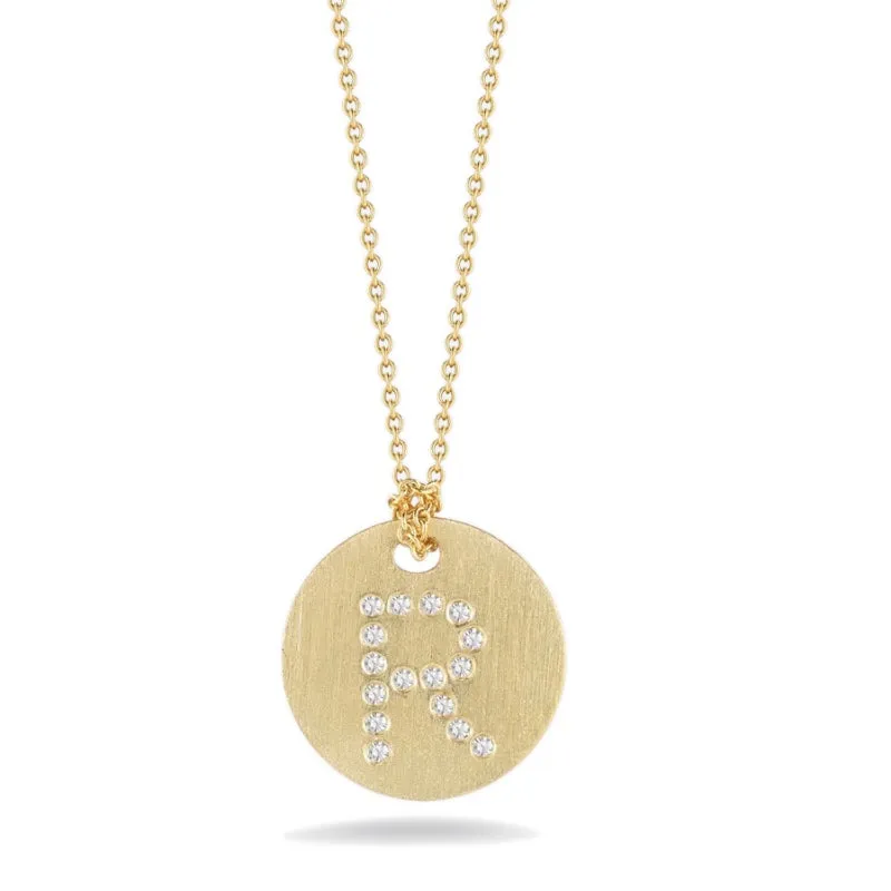 Roberto Coin Tiny Treasures Initial Diamond Disc Necklace Yellow Gold