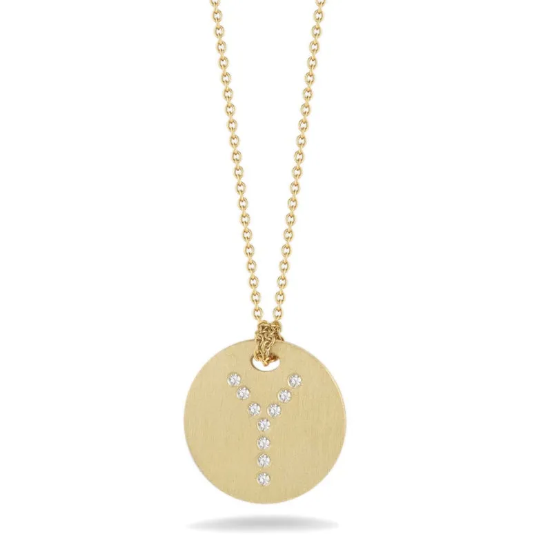 Roberto Coin Tiny Treasures Initial Diamond Disc Necklace Yellow Gold