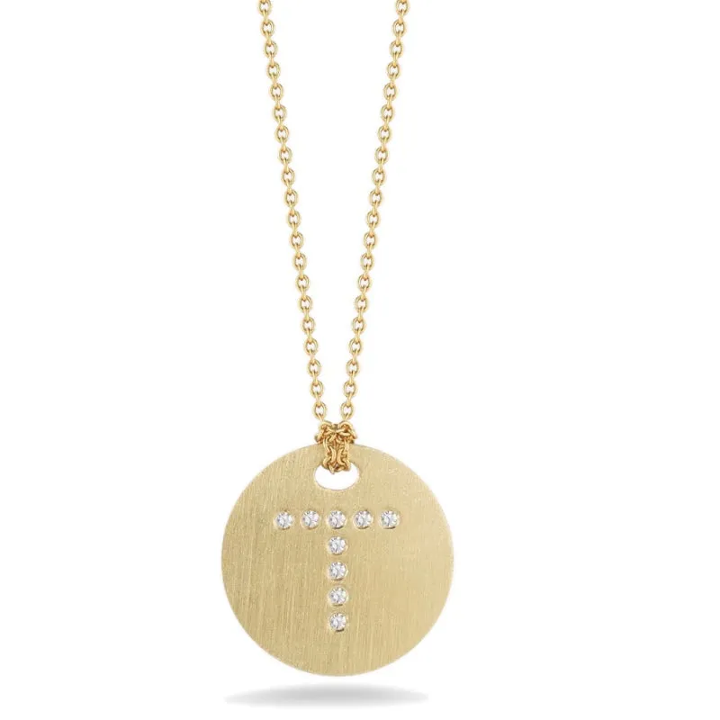 Roberto Coin Tiny Treasures Initial Diamond Disc Necklace Yellow Gold