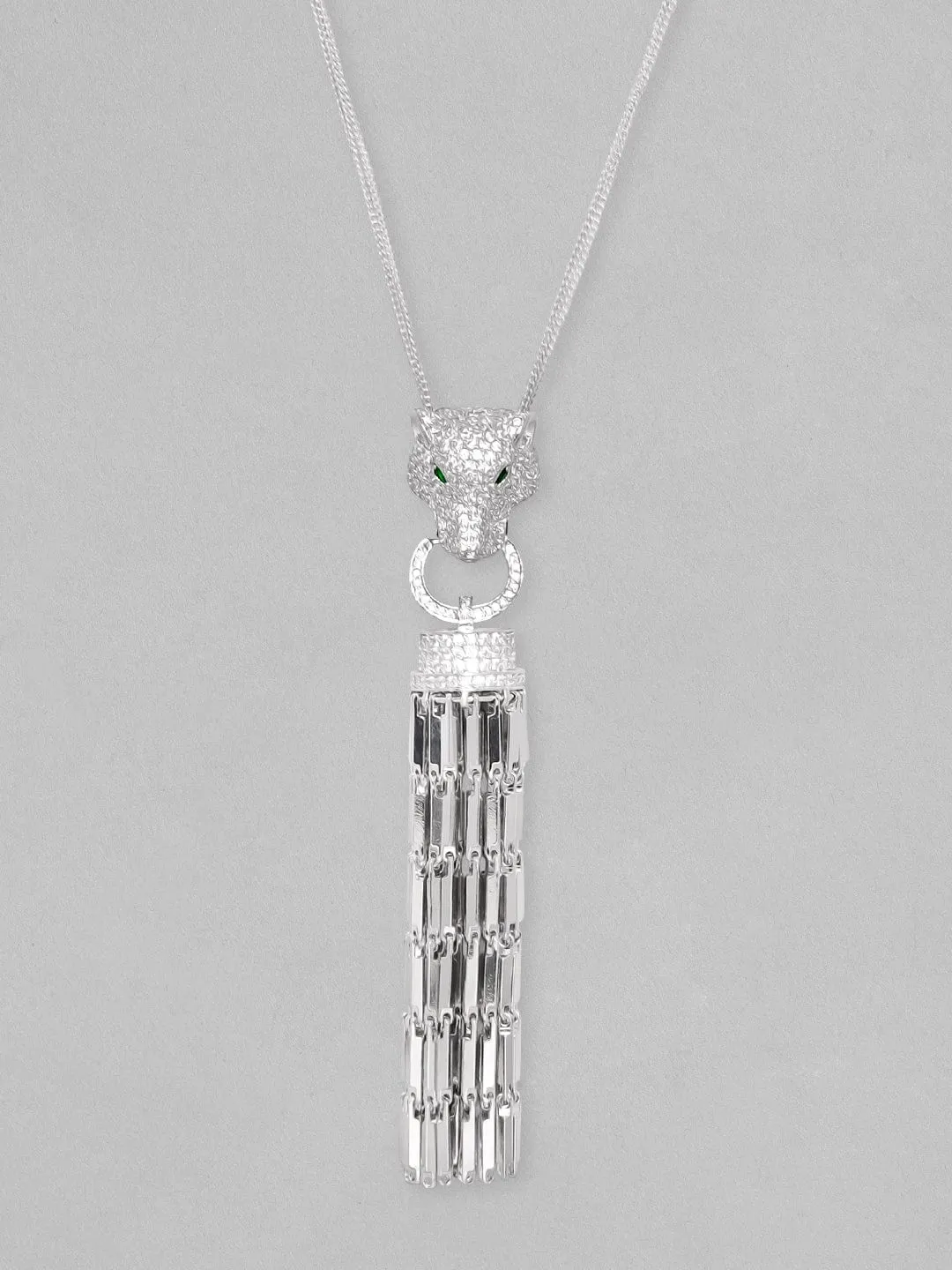 Rubans Rhodium plated Brilliant Cut Crystal Zirconia Panther Motif & Tassels Pendant Chain Necklace