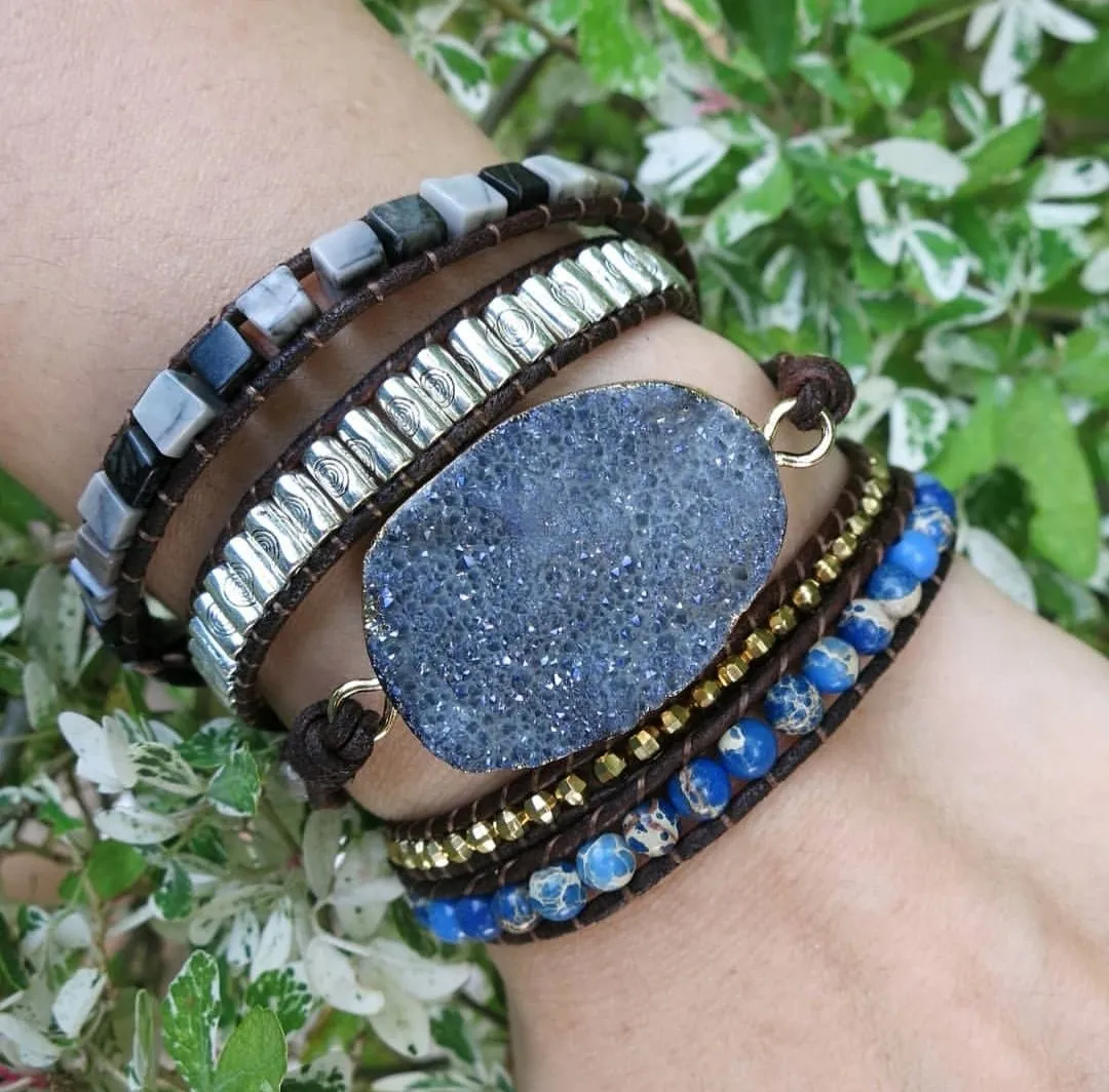 SALE - Handmade Eclipse Druzy Mix Stone 5X Leather Wrap Bracelet