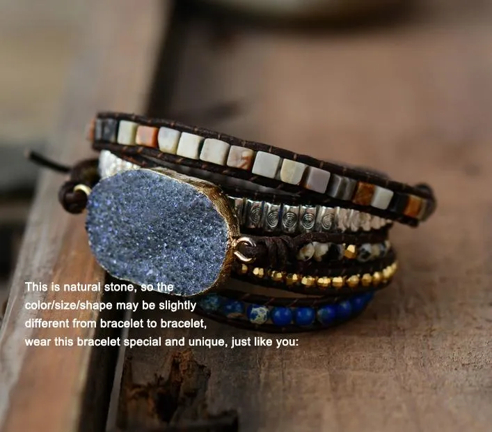 SALE - Handmade Eclipse Druzy Mix Stone 5X Leather Wrap Bracelet