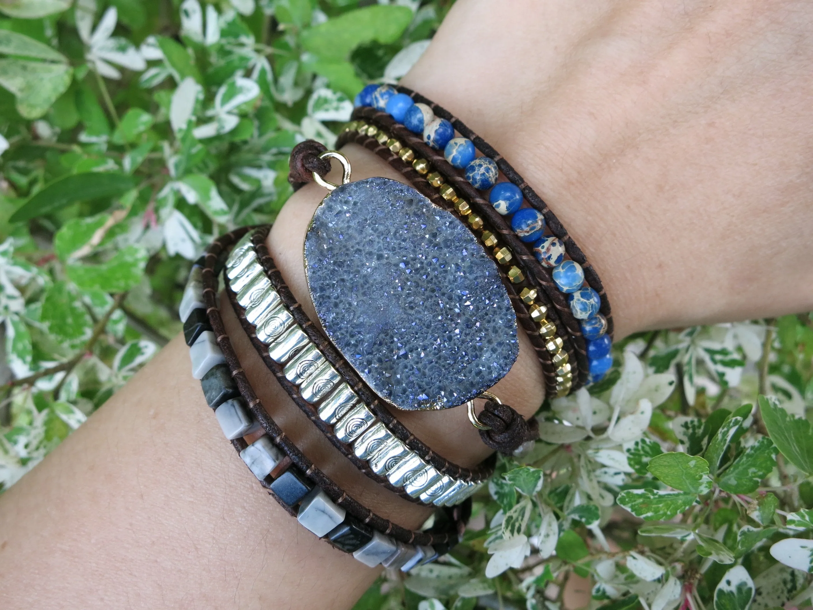 SALE - Handmade Eclipse Druzy Mix Stone 5X Leather Wrap Bracelet