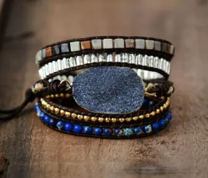 SALE - Handmade Eclipse Druzy Mix Stone 5X Leather Wrap Bracelet