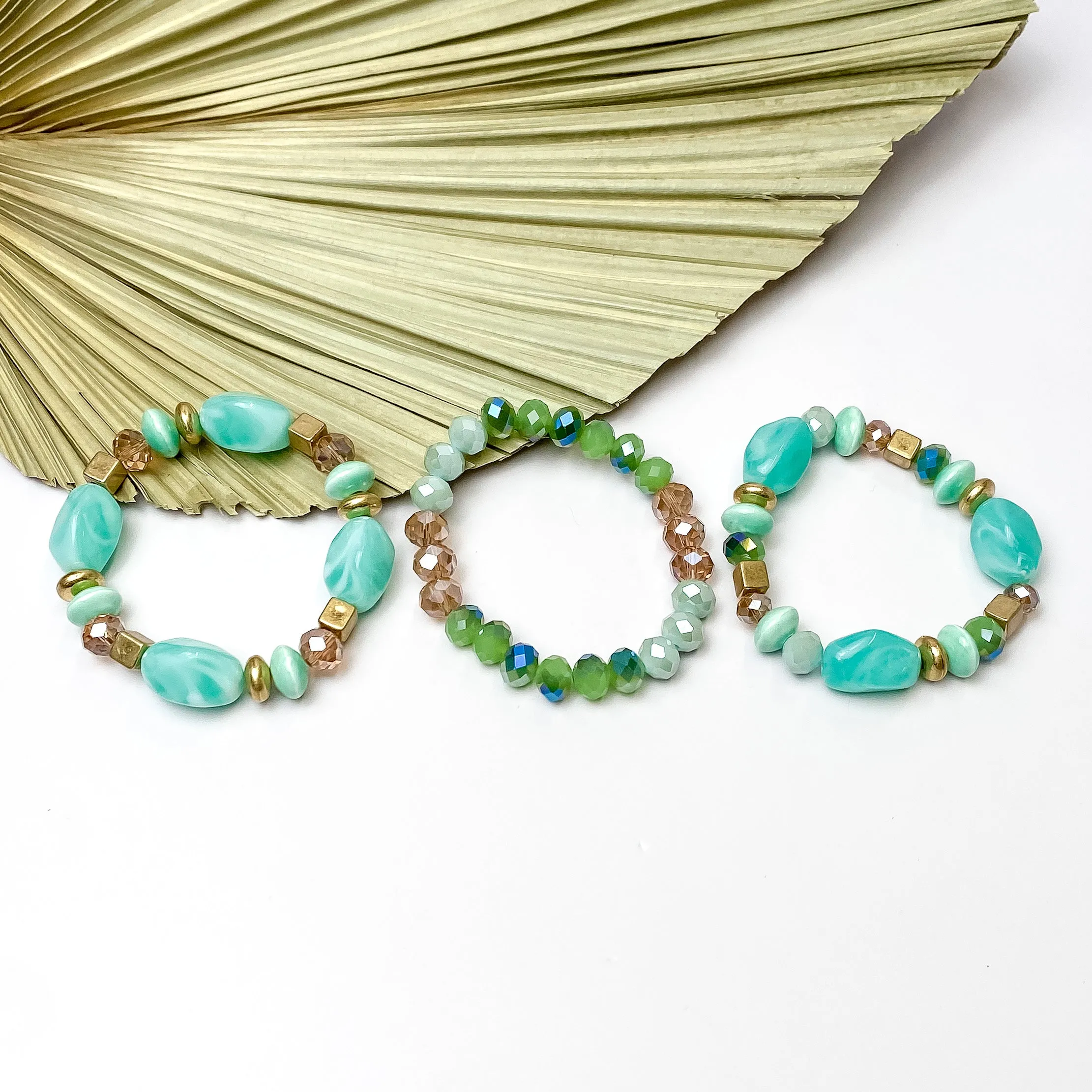 Set of Three | Coastal Charm Crystal and Marble Beaded Bracelet Set in Mint Green