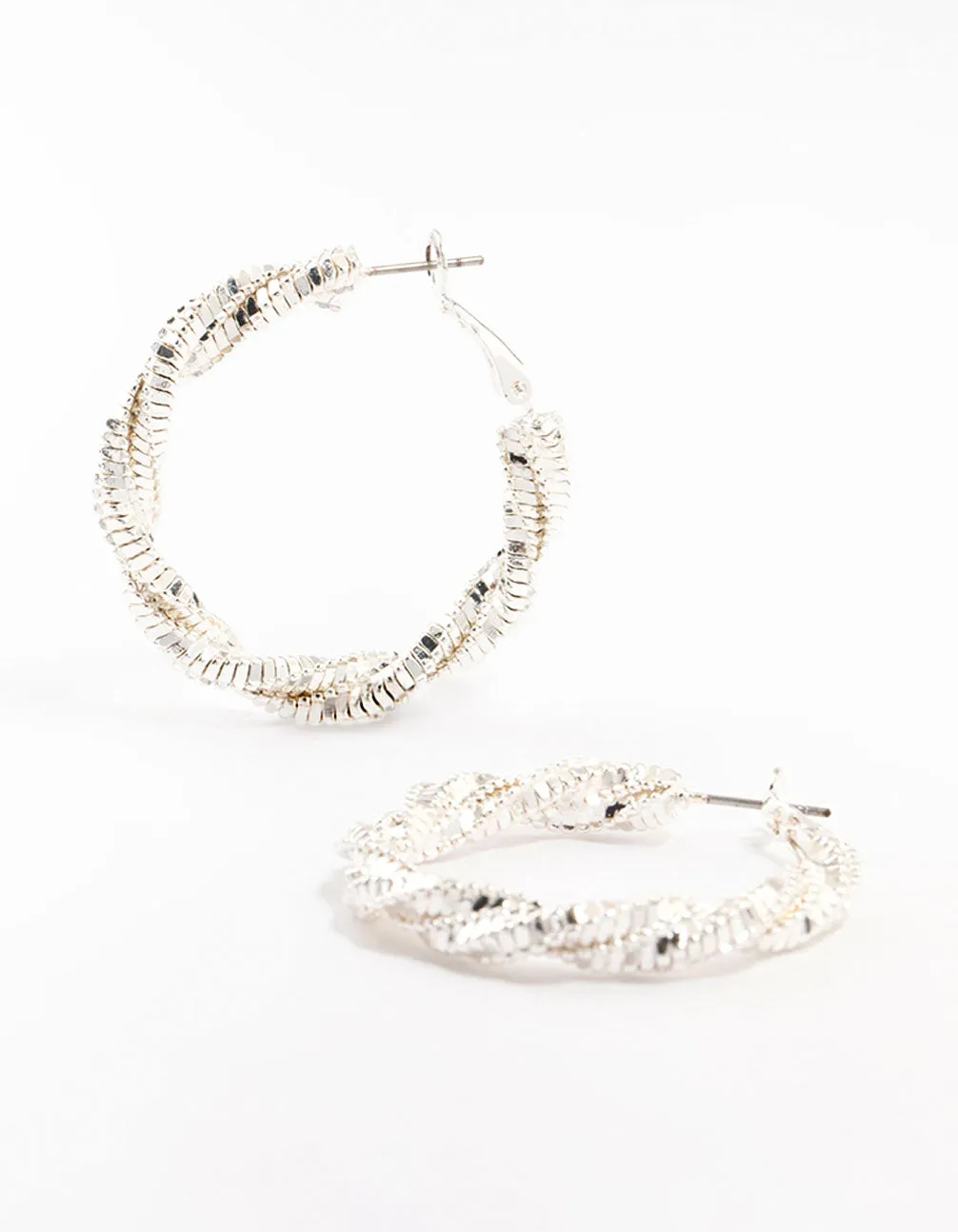 Silver Cut Diamante Twisted Hoop Earrings