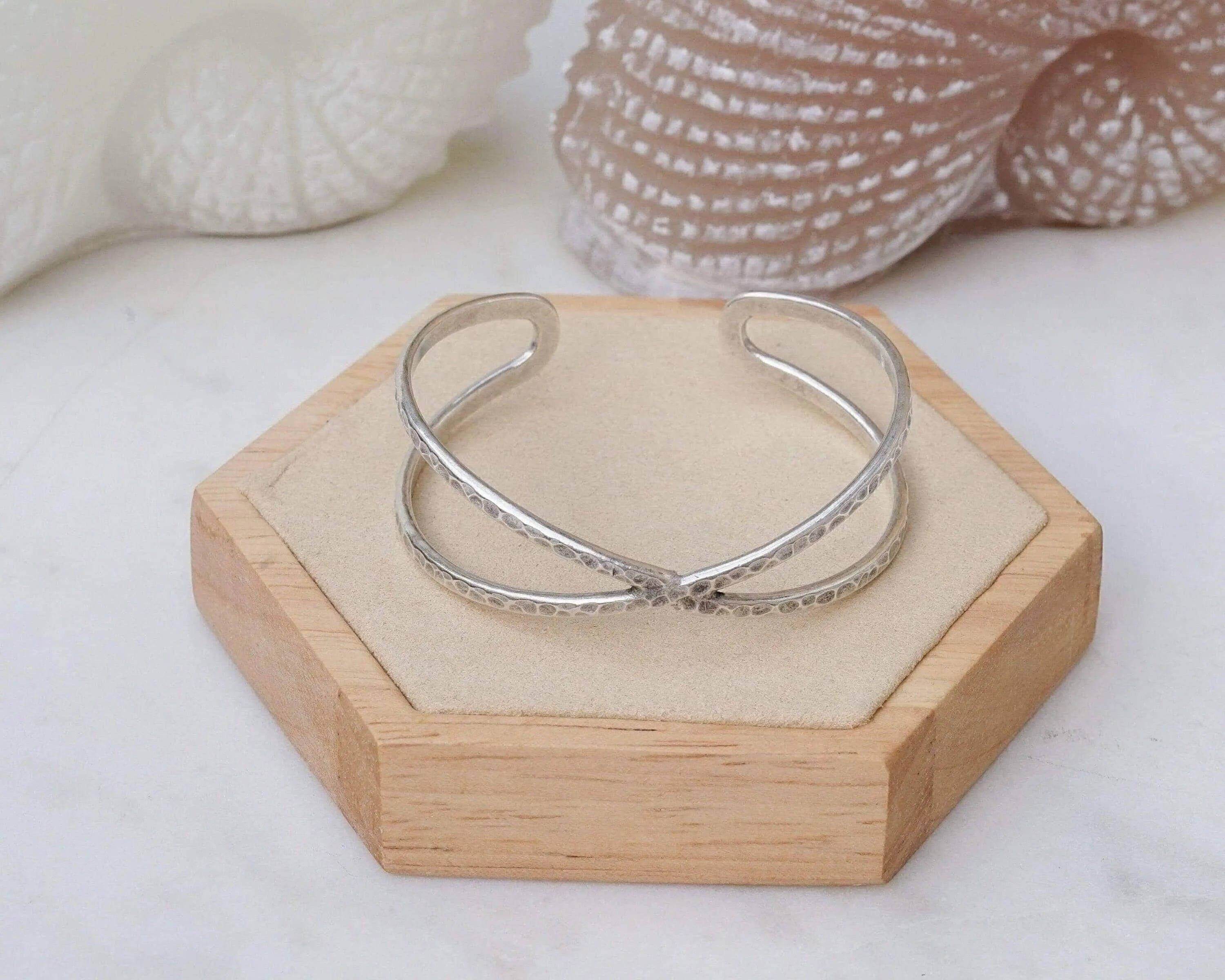 Silver Hammered Cuff Two Lines or X Design Stacking Bracelet