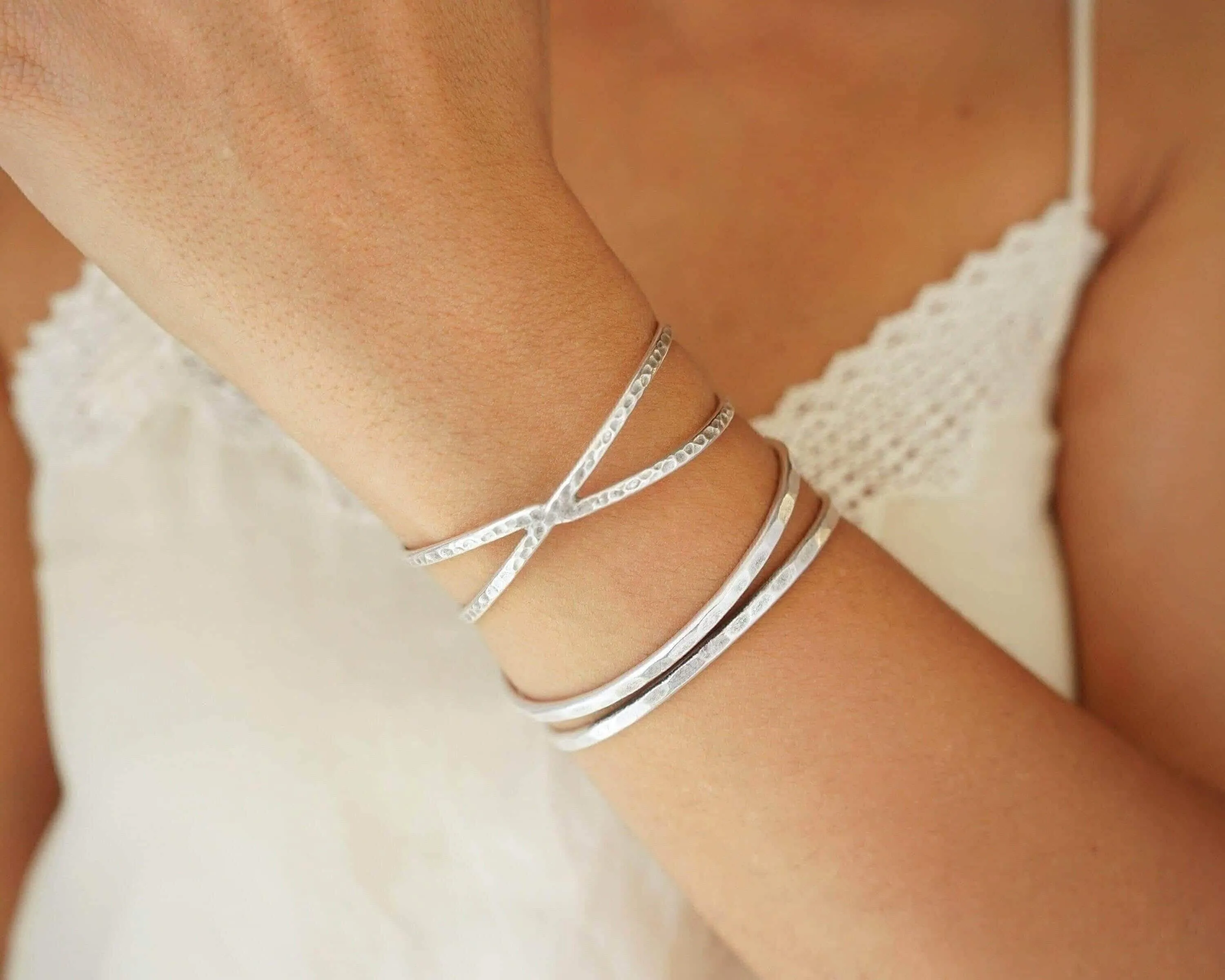 Silver Hammered Cuff Two Lines or X Design Stacking Bracelet