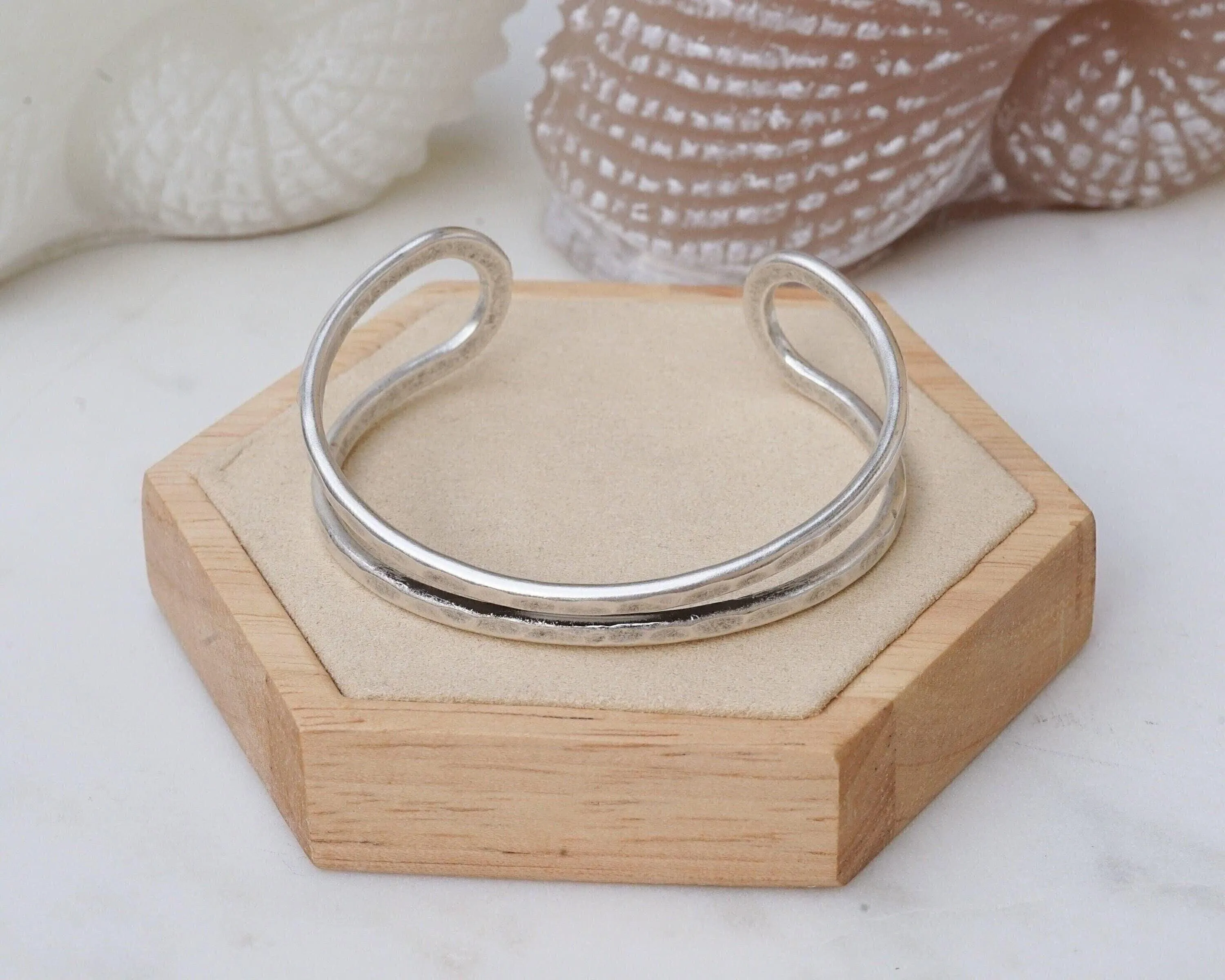 Silver Hammered Cuff Two Lines or X Design Stacking Bracelet