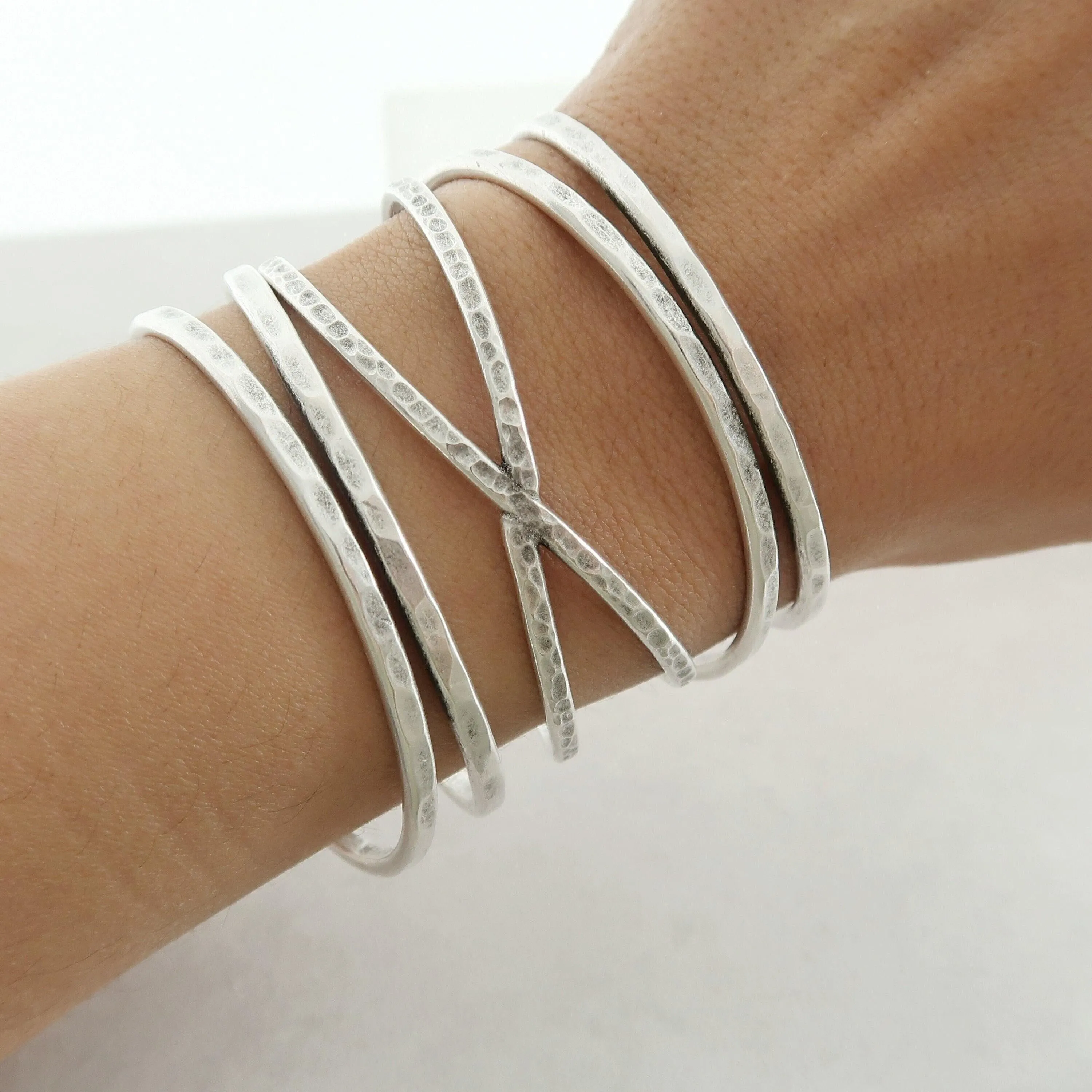 Silver Hammered Cuff Two Lines or X Design Stacking Bracelet