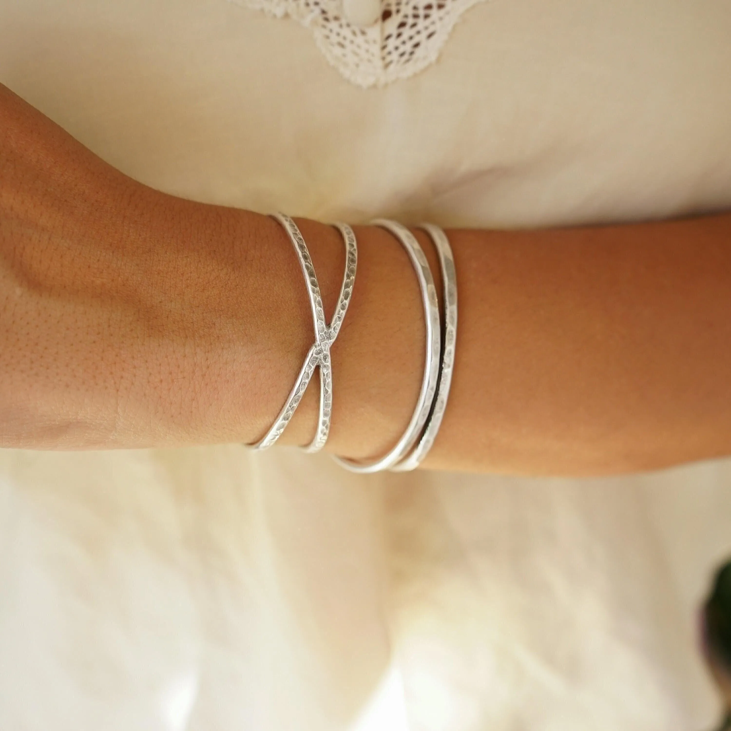 Silver Hammered Cuff Two Lines or X Design Stacking Bracelet