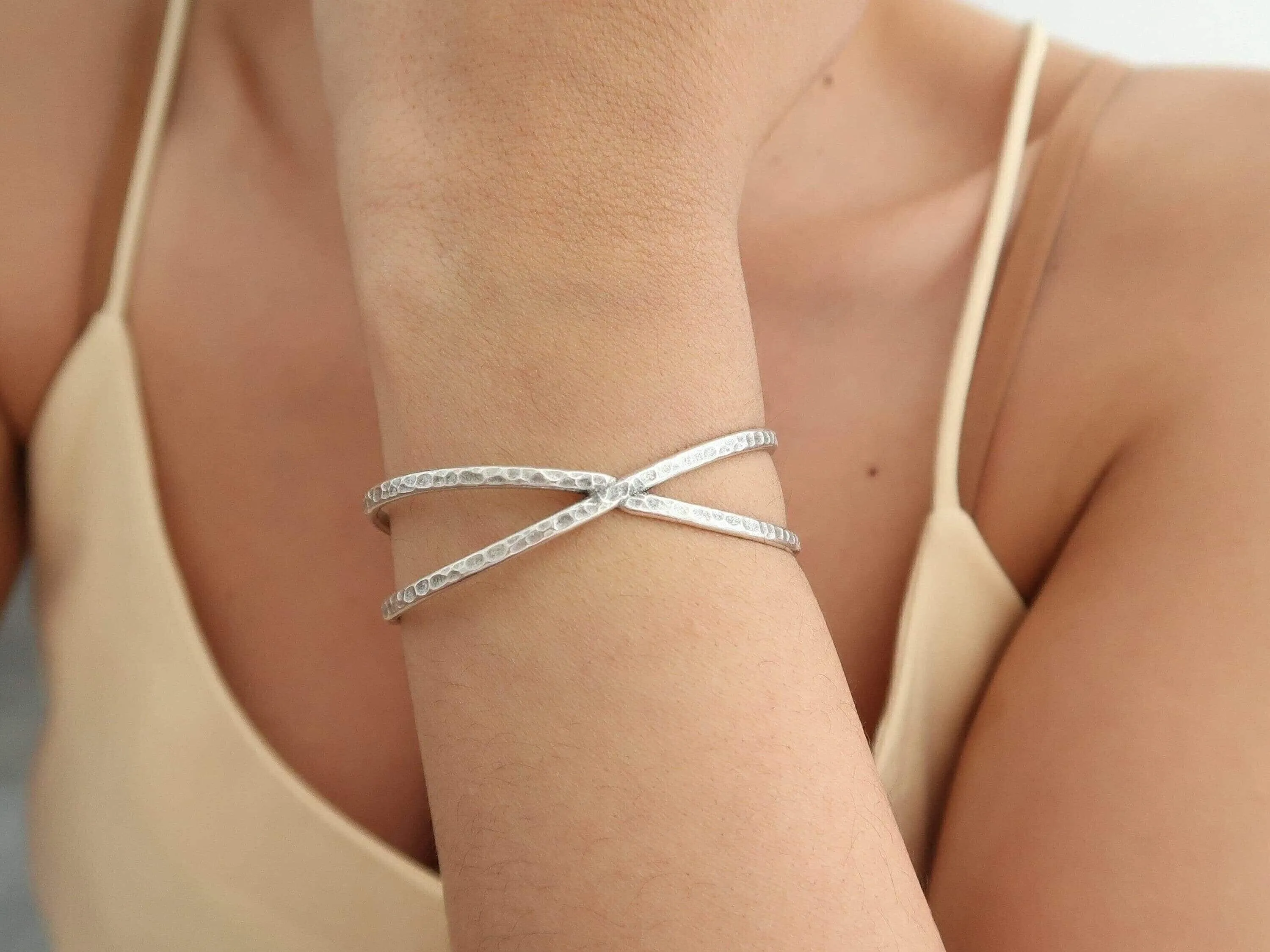 Silver Hammered Cuff Two Lines or X Design Stacking Bracelet