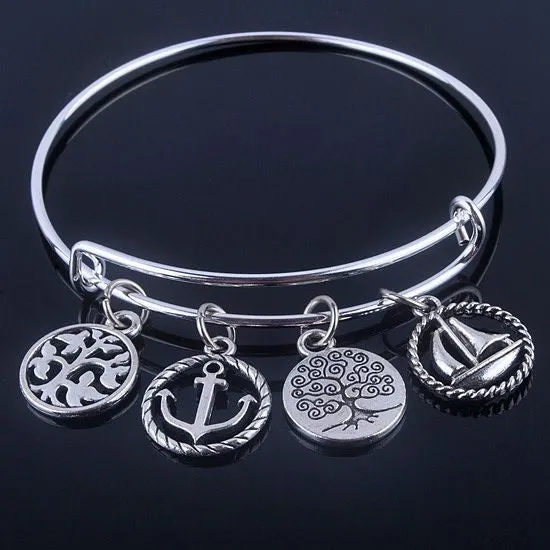 Silver Plated Bangles Adjustable Expandable Wire Bracelets with anchor & life trees charms jewelry for women