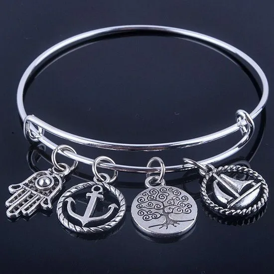 Silver Plated Bangles Adjustable Expandable Wire Bracelets with anchor & life trees charms jewelry for women