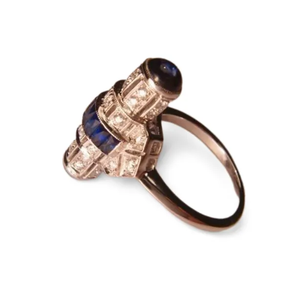 Stunning Art Deco 14K White Gold Hand Cut Diamond Sapphire Mosaic Ring