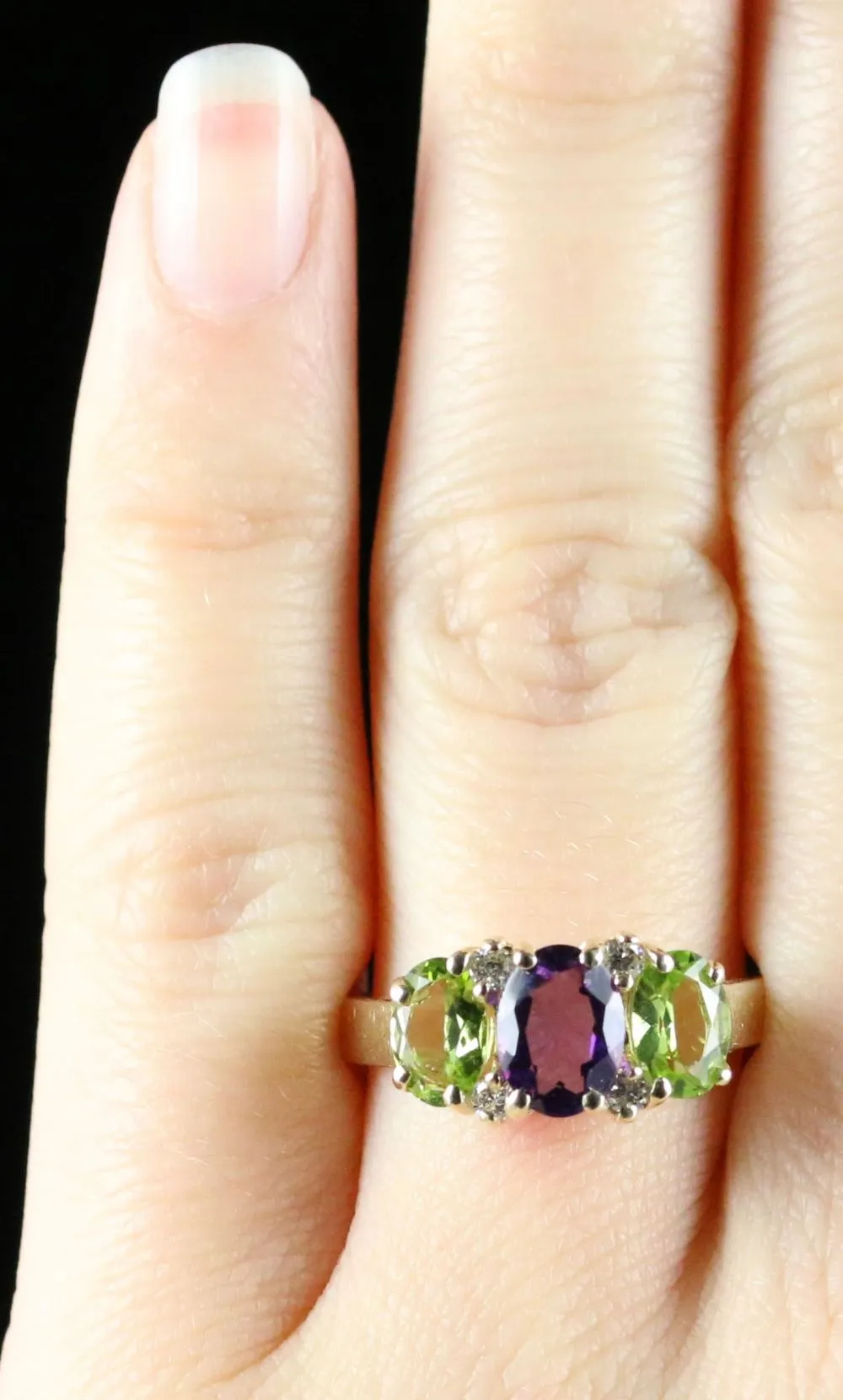 Suffragette Ring Amethyst Peridot Diamond 9ct Gold