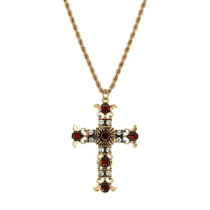 Symbols Of Faith Royal Clear And Red Crystal Cross Pendant Necklace 16"   3" Extension