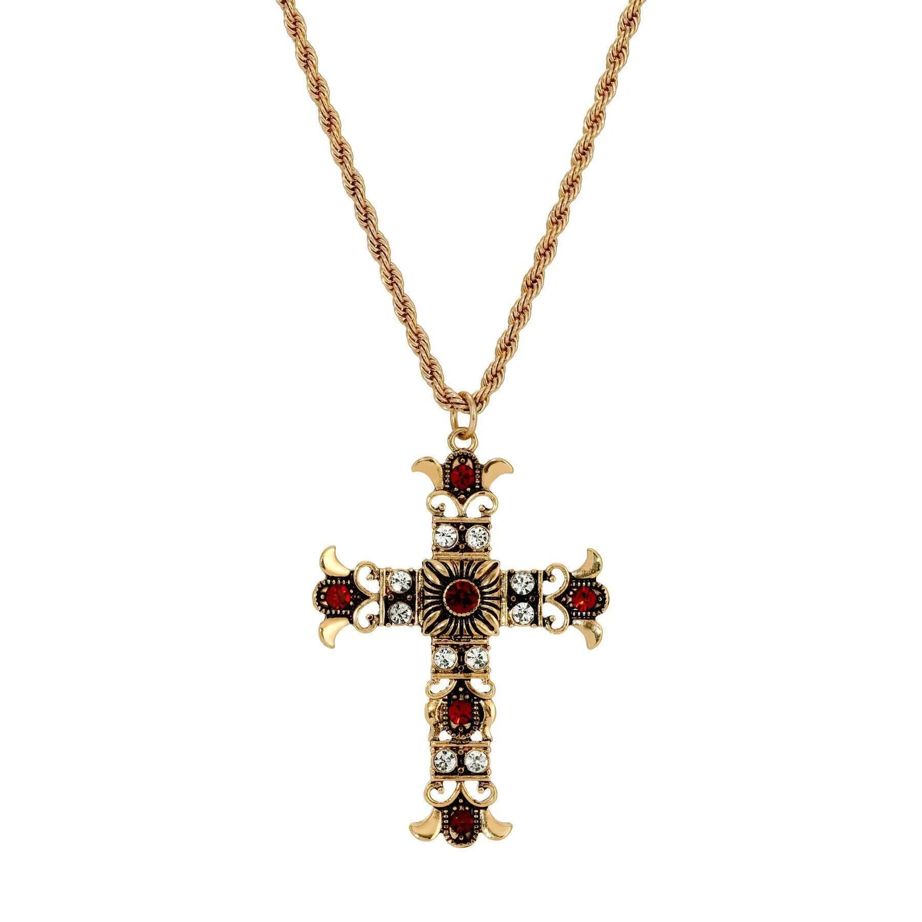 Symbols Of Faith Royal Clear And Red Crystal Cross Pendant Necklace 16"   3" Extension