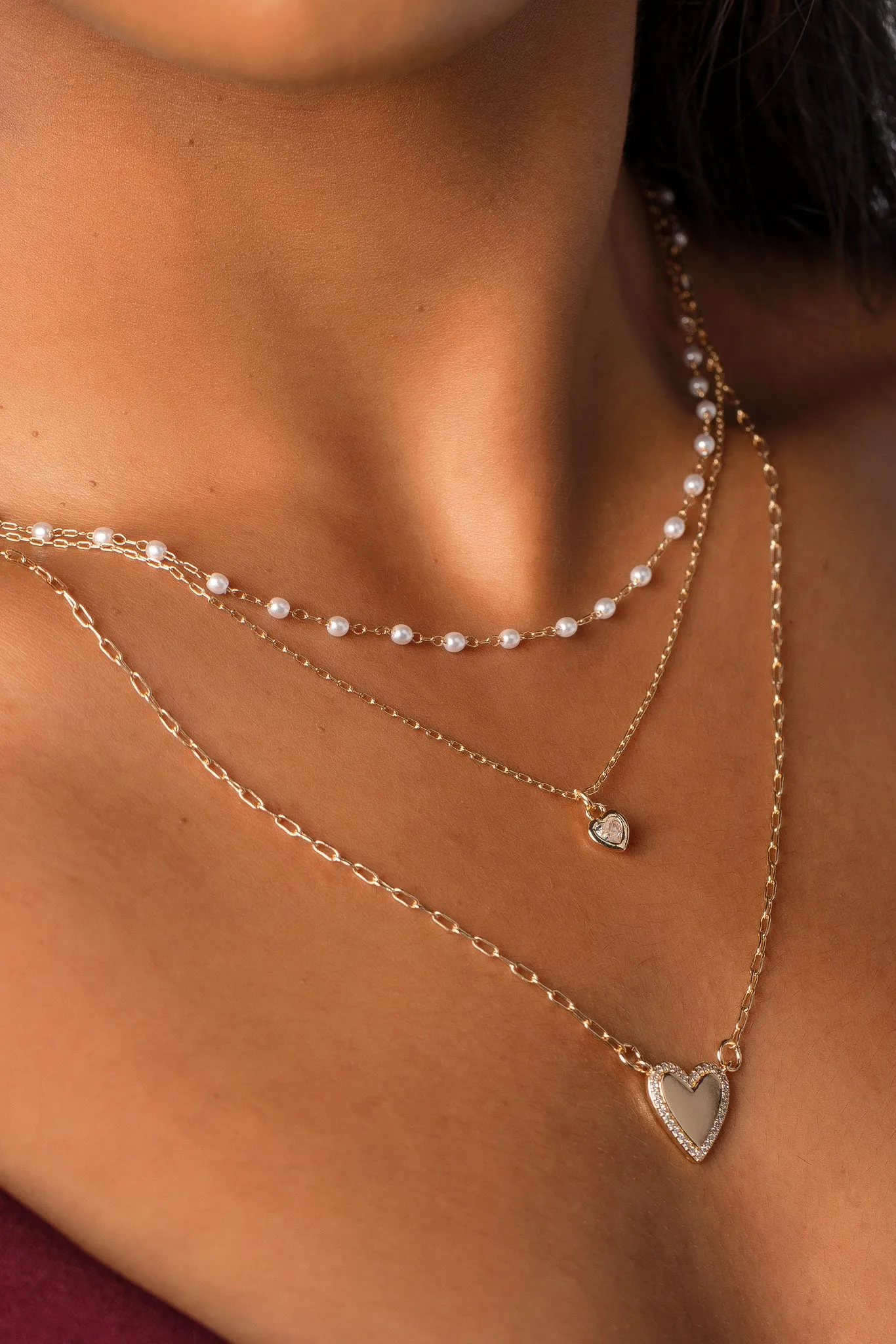 Triple Strand Necklace with Pearls and Heart Pendants